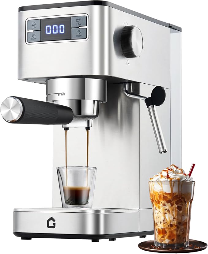 GarveeHome Compact 20 Bar Espresso Machine–Stainless Steel, Steam Milk Frother, Removable Tank for Cappuccino/Latte,(Silver)