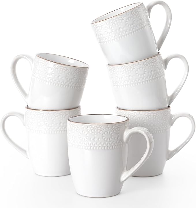 famiware Coffee Mugs Sets for 6, 12 oz Mug Set, Coffee Cups with Handle for Coffee, Tea, Cocoa and Milk, Microwave and Dishwasher Safe, White Floral