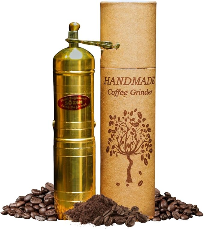 Sozen 7" Manual Coffee Grinder Brass – Hand Crank Burr Mill for Turkish Coffee, French Press, Espresso, Camping & Home Use – Portable Coffee Bean Grinder, Adjustable Conical Grinder