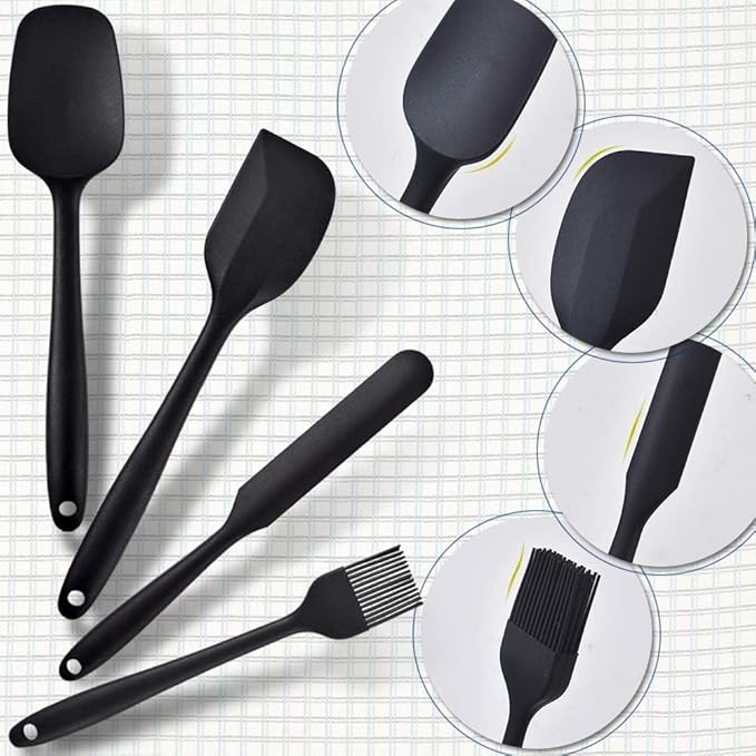 Spatulas Set of 6, Food Grade Silicone Spatulas Rubber Heat Resistant, Stainless Steel Core, Kitchen Utensils Nonstick for for Cooking, Baking and Mixing (Black)