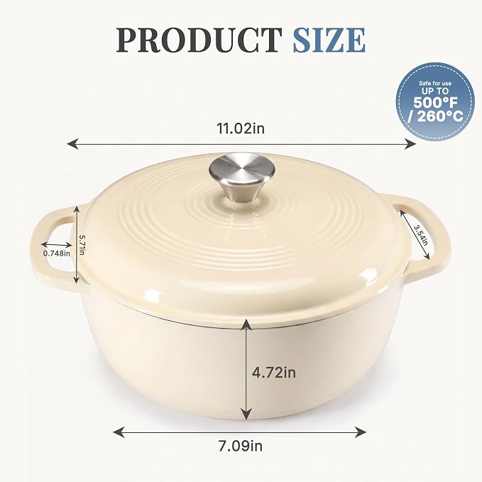 DUMOS Cast Iron Dutch Oven, 6 Quart Pot with Lid, Enameled Heavy Duty Cookware, Oven Safe to 500°F, Perfect for Bread Baking, Stews and Roasting, Moisture Sealing Lid with Dual Handles, Beige