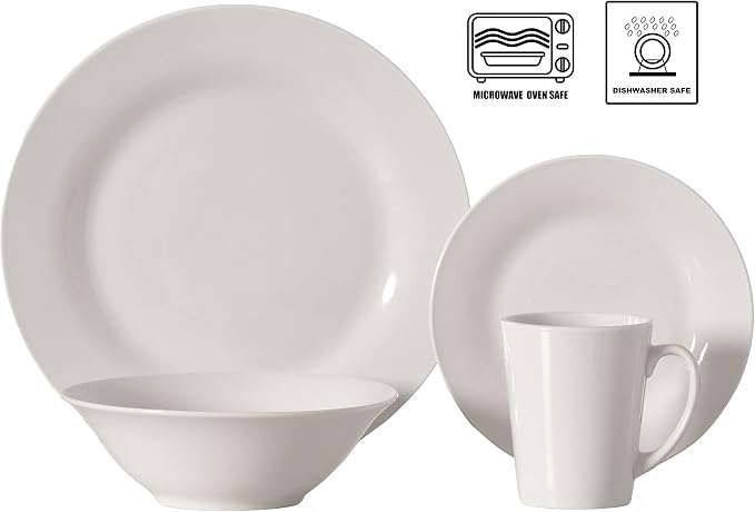 16 PC Rimmed Dinnerware Set for 4 Person | Mugs, Salad and Dinner Plates and Bowls Sets, Dishes with Highly Chip and Crack Resistant, Dishwasher and Microwave Safe, White. QI004500
