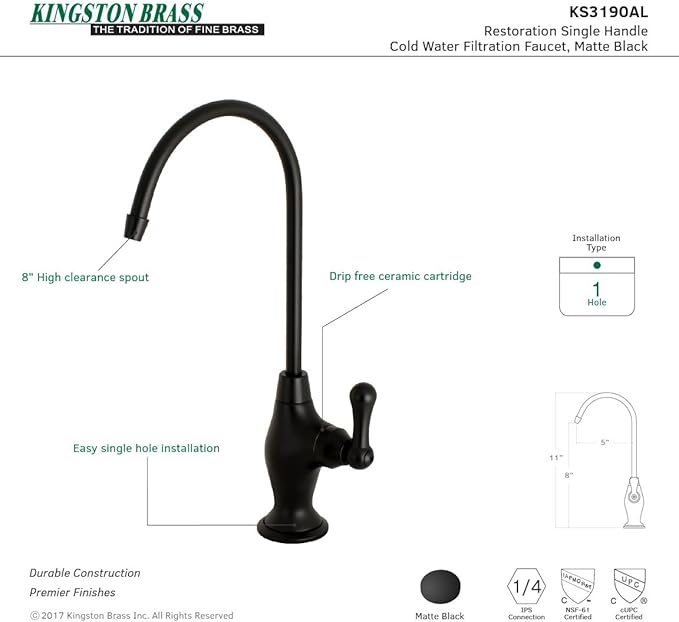 Kingston Brass KS3190AL Ks3190Al Restoration 1/4 Turn Water Filtration Faucet, 4-5/8" In Spout Reach, Matte Black