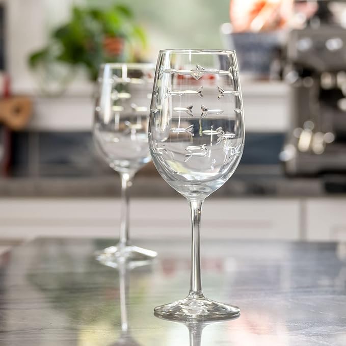 Rolf Glass School of Fish White Wine Glass | 12 ounce Stemmed Set of 4 | Lead-Free Glass | Diamond Wheel Engraved in America