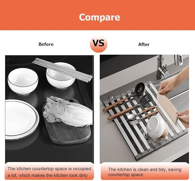 43.5/52.5 in 304 Stainless Steel Expandable Over The Sink Dish Drying Rack, Collapsible Anti-Slip Heat-Resistant Dishes Drainer(W 34cm/13.4in,L 52.5cm/20.7in)
