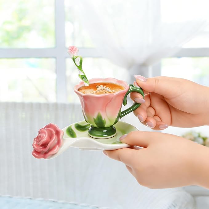 Cididu Pink Tea Cups with Saucer and Spoon, 4.5 Oz Small Ceramic Rose Flower Tea Cup Set for Women Girls, Hand Crafted Vintage Coffee Latte Mug, Fancy Teaware for Mother's Day, Birthday Gift, Wedding