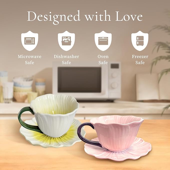 ONEUSTAR Tea Cups and Saucers 10 oz Ceramic Flower Shaped Tea Cup and Saucer Set Cappuccino Cup Latte Cup for Mother's Day Thanksgiving Wedding Gift, Purple