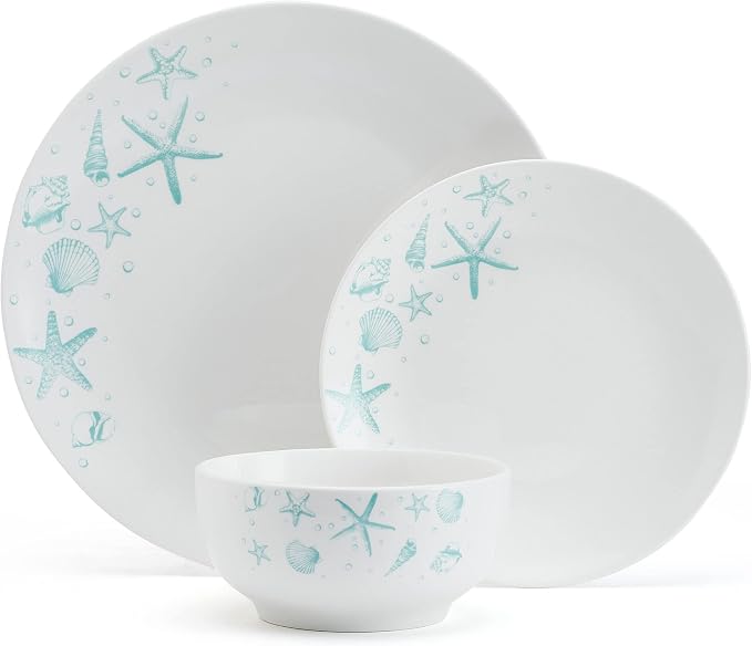 Studio Nova Tahiti Coastal 12 Piece Dinnerware Set, Service for 4, Multicolored Stoneware Plates and Bowls with Vibrant Coastal Design for Everyday Dining