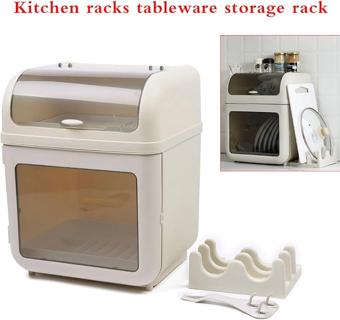 Covered Plastic Dish Drying Rack, Plastic Dustproof Drain Storage Box Basket Hold, Bottle Dryer Holder with Cover Lid and Removable Drainboard for Kitchen Counter, Dish Dryer Shelf