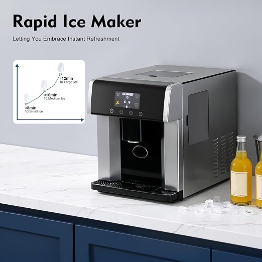 Nugget Ice Maker Countertop, 2-in-1 Electric Ice Dispenser Ice Water Maker with Self-Cleaning, 33lbs/Day Self Dispensing Bullet Head Round Fast Ice Machine for Home Office Cafes, 1.32lbs Storage
