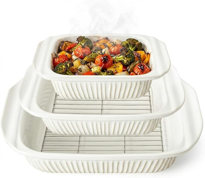 Artena Casserole Dishes For Oven, Ceramic Baking Dish, Large Lasagna Pan With Handles, Baking Pan Casserole Dish, Rectangular Bakeware Deep, Set Of 3 (5.1Qt/2.3Qt/1.1Qt) (White, With Racks)