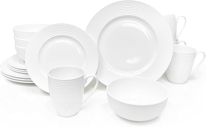 Bone China 16 Piece Dinnerware Dish Set, Service for 4, White Embossed Circle, Microwave Safe, Translucent, Elegant giftware, Essential Home, Formal and Everyday Living, Kitchen Dishes, Dinner Set