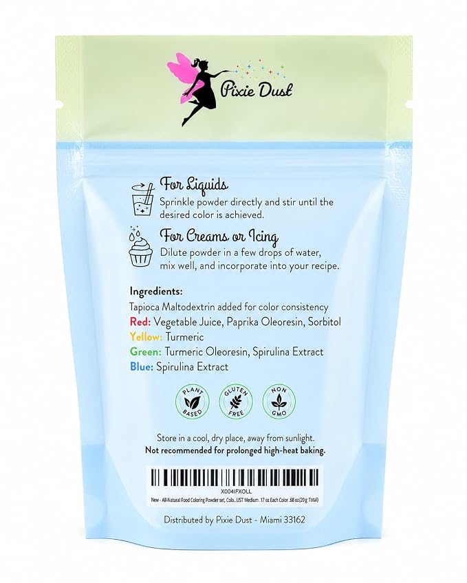 Pixie Dust Natural Food Coloring Powder Set of 4, Red, Yellow, Blue, Green, Dye Free Plant Based Cake Decorating Colors for Icing, Frosting & Drinks, Flavorless, Kosher, Vegan, Non Toxic, 0.68 oz - 20 gr.