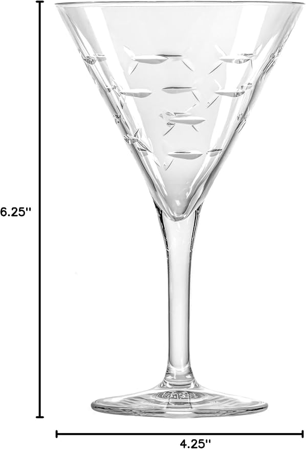 Rolf Glass School of Fish Martini Glass | Stemmed 7.5 oz. Martini Glasses | Lead-Free Glass | Diamond-Wheel Engraved Cocktail Glasses | Made in the USA (Set of 2)