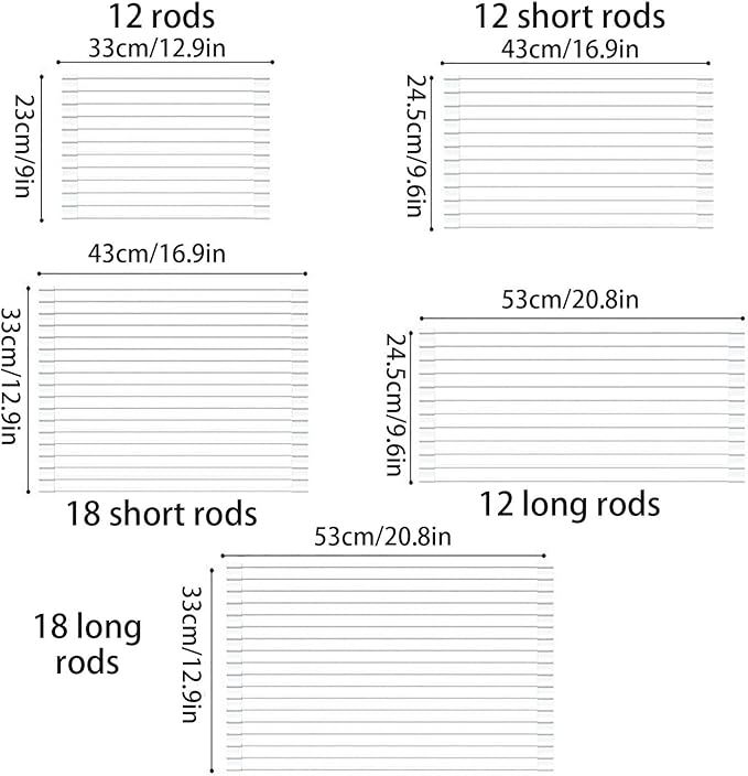 Silicone Non-Slip Dish Drying Rack, Drain Board Over the Kitchen Sink, Roll-Up Dish Rack Drainer, Rust-Resistant Drain Board(Grey,12 Long rods)