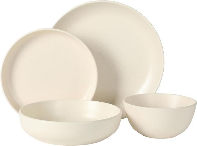 Gibson Elite Leeds Court Plates and Bowls Sets, 16-Piece Stoneware Dinnerware Sets, Cream White, Round Speckle Reactive Glaze Dish Set