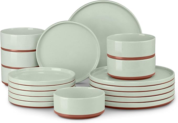 LIANYU 18 Pieces Porcelain Dinnerware Sets, Premium Plates and Bowls Set, High-Fired Ceramic Dishes Set for 6, Chip & Scratch Resistant, Microwave Dishwasher Safe, Laurel Green