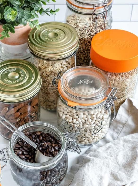 Le Parfait Eco-Friendly Zero Waste Wide Mouth Glass Jar with Airtight Screw Top Lid - Reusable French Storage Jar for Food, Soup, Flour, Sugar, Canning & Baking (3L/96oz, 3 Pack, Gold 2-Piece Lid)