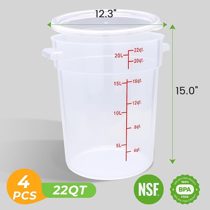BIEAMA 4 Pack 22 Qt Round Food Storage Containers with Lids, Translucent PP | Include lids, labels, measuring cups and containers with capacity markings for food prep, pantry storage and dough proofing.