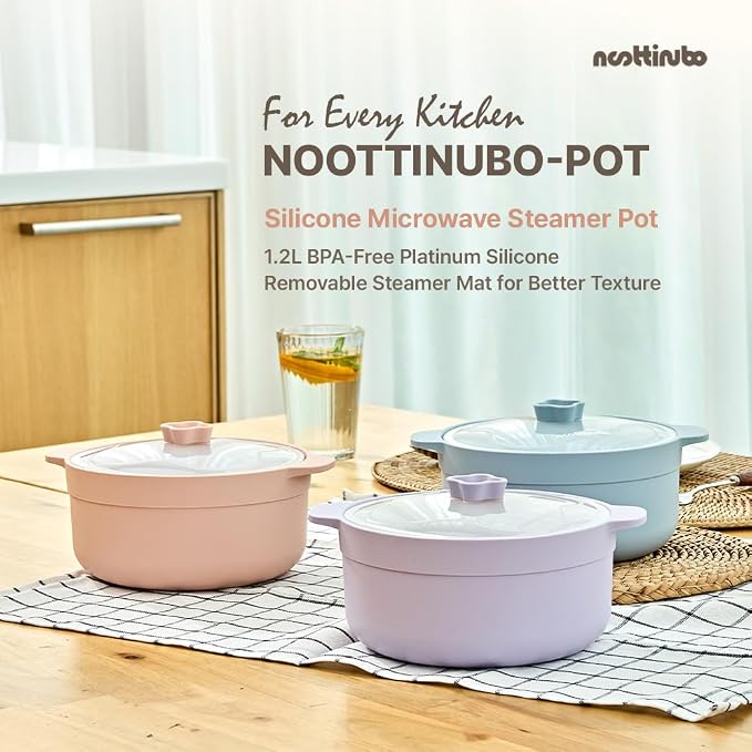 Microwave Egg Cooker & Ramen Cooker | 1.2L Silicone Microwave Steamer Pot with Lid & Steamer Mat | BPA-Free, Dishwasher Safe | noottinubo (Strawberry Milk)