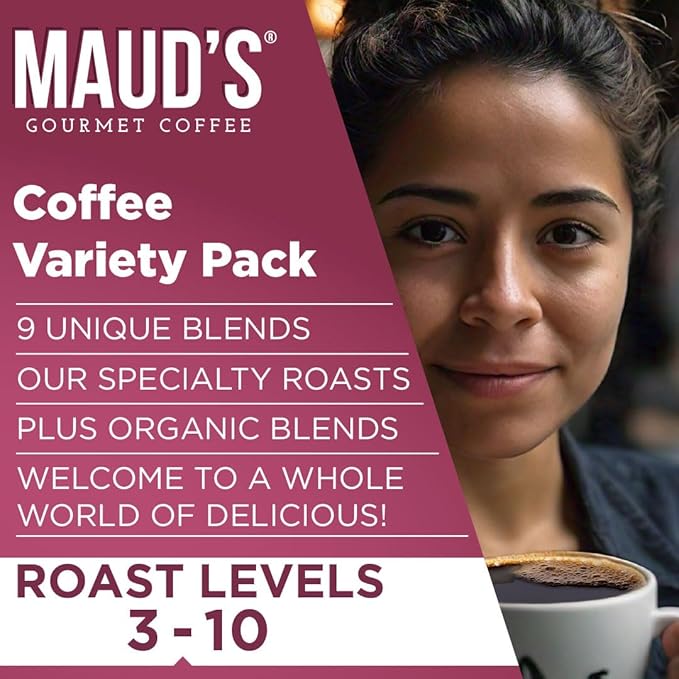 Maud's Original Coffee Pods Variety Pack, 80 ct, 9 Assorted Roasts, Dark & Medium Roast Coffee in Single Serve Pods – 100% Arabica Coffee, Compatible with Keurig K Cups Maker