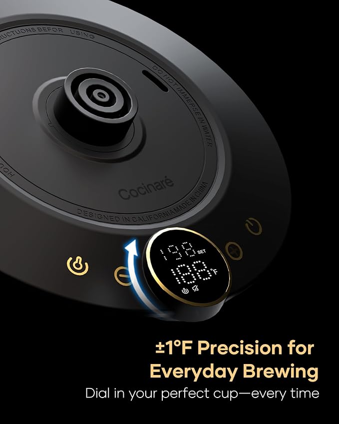Cocinare Gooseneck Electric Kettle, ±1°F Precise Temperature Control, 1500W Fast Heating, Pour Over Coffee & Tea Kettle with Brew Timer & Keep Warm, Stainless Steel, 0.9L (Soulages Black)
