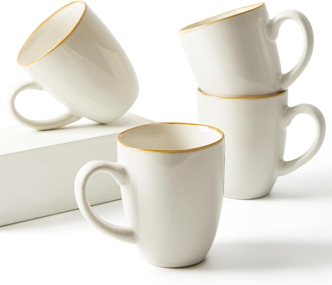 Pokini Coffee Mug 15 oz, Ceramic Coffee Mugs Set of 4, Reactive Glaze Mug for Latte/Tea/Cappuccino/Cocoa, Irregular Large Stackable Mug Set for Men, Women, Dad, Mom, Dishwasher & Microwave Safe, White