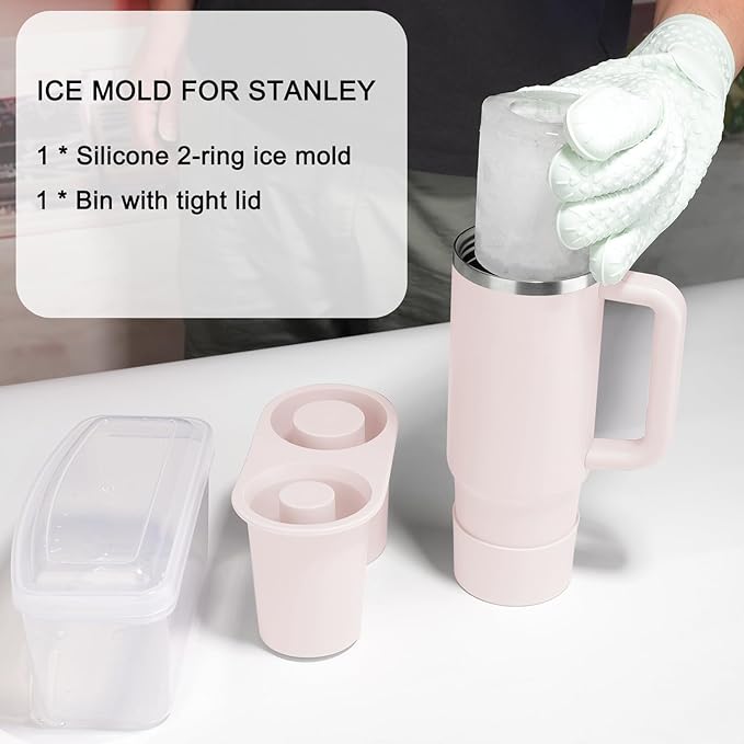 Ice Mold for Stanley Cup, Silicone Ice Cube Tray for Stanley Cup 30oz-40oz, Tumbler Ice Mold with Lid and Bin, Easy Release Cylinder Ice Cube Mold, 1 Pack, Rose Quartz