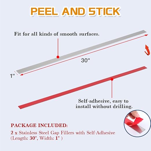 2Pcs Stainless Steel Sheet Trim Strips, Gap Filler for Wall Oven/Microwave Combo/Range/Cooktop, Self-Adhesive Gap Cover, 30 Inches Long, 1 Inch Wide