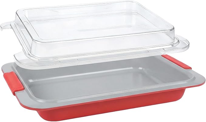 9x13 Baking Pan with Lid, Deep Nonstick Covered Cake Pan for RV & Convection Oven, Heavy Duty Warp-Resistant Pan with Silicone Handles, Snap-On Cover for Meal Prep, Storage, Transport (Coral Red)