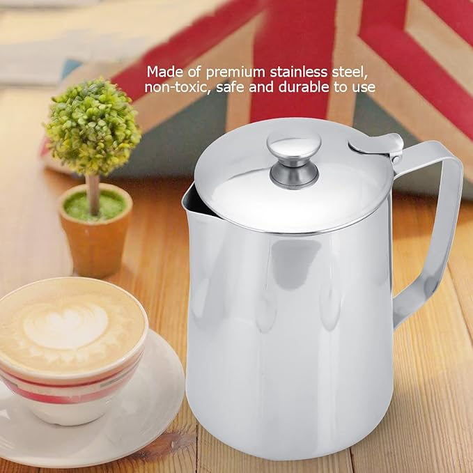 Frothing Pitcher, Steaming Pitchers, Stainless Steel Coffee Cup Mug Milk Frothing Jug with Lid for Latte Coffee Art(1000ML)
