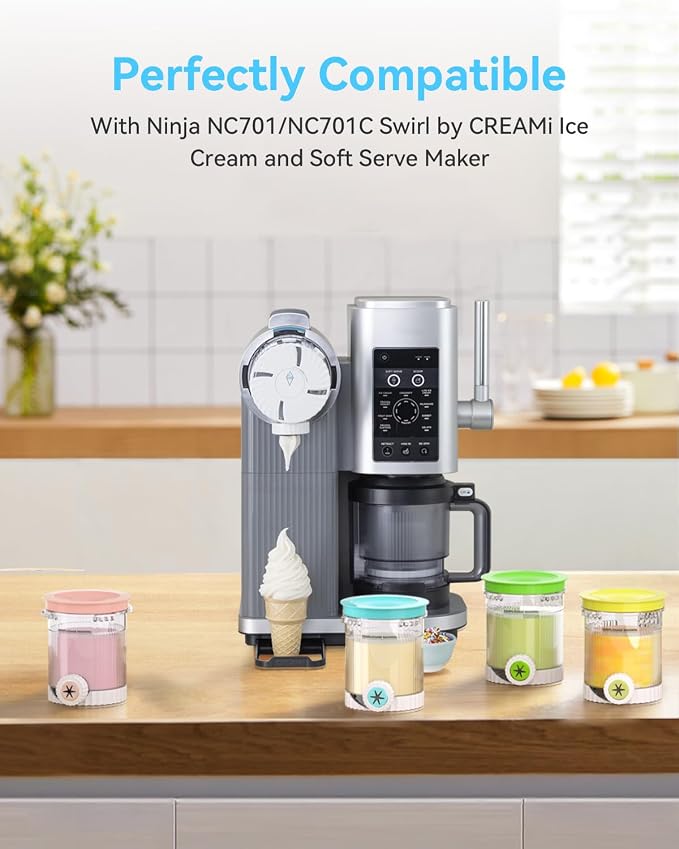 Creami Swirl Containers NC701 NC701C + Swirl Nozzle Compatible with Ninja Swirl CREAMi Ice Cream and Soft Serve Maker, Creami Swirl Pints, Food-grade, Dishwasher Safe, 4 Pack, XSK7PNTLD2