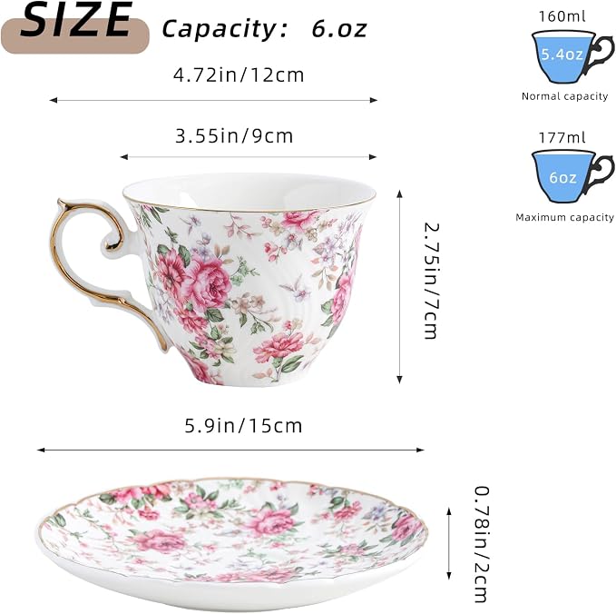 Agyiuns tea cups and saucers ceramic coffee mug 6oz for Coffee, Latte, Cafe Mocha and Tea-Set of 4 (Big flowers-Set of 4)