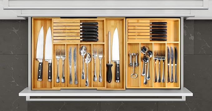 VaeFae Bamboo Silverware Drawer Organizer with Knife Block Set
