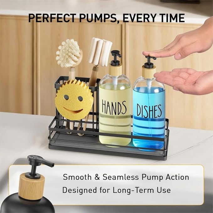 Moforoco Kitchen Dish Soap Dispenser Set, 16OZ Glass Bottle, Hand and Dish Soap Dispenser Set, Instant Dry Tray, Brush Holder with Smiley Face Sponge Holder (Black Tray+Clear Bottle)