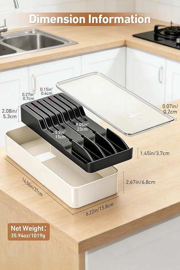 MAD SHARK 2-in-1 Detachable Knife Block & Silverware Organizer, Drawer Knife Holder for 7 Knives, BPA-Free, Blade-Safe Slots, Save Counter Space, Kitchen Drawer or Counter Storage, No Knives