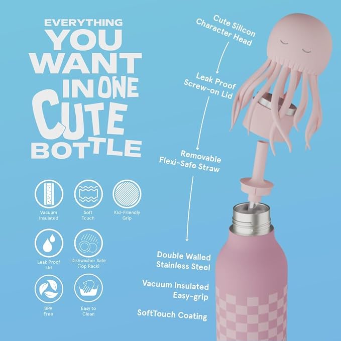asobu Bestie Bottle Insulated Stainless Steel Water Bottle with Detachable Soft Animal Head Fun Drinking For Kids and Teens with Flexible Reusable Straw 16 Ounce