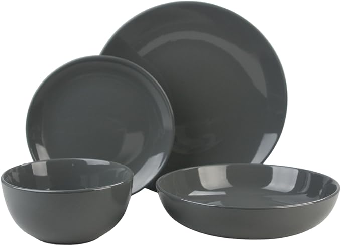 16 Piece Coupe Stoneware Dinnerware Set with Dinner Bowl, Service for 4, Dark Gray