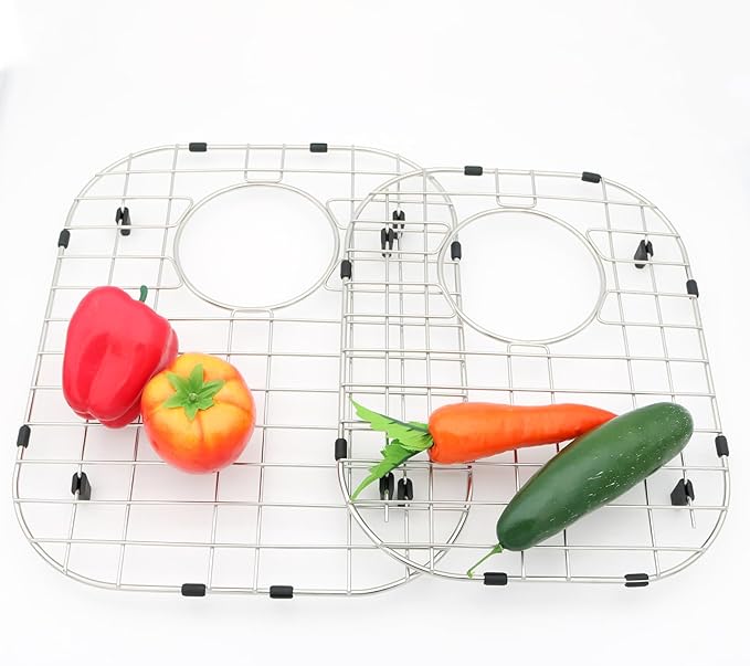Large & Small Combination Sink Protectors - 304 Stainless Steel Draining Grid & Dish Rack, Offset Hole, Large(13 3/16 x 16 11/32) + Small(11 27/64 x 14 49/64)