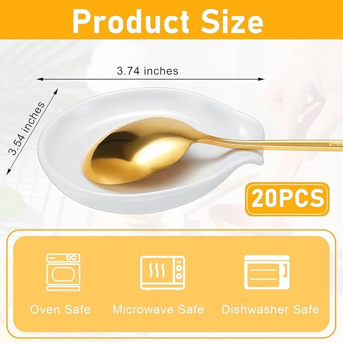 Irenare 20 Pcs Ceramic Spoon Rest for Stove Top, 3.74 Inch Porcelain Spoon Holder, Coffee Utensil Rest Heat Resistant Dishwasher Safe for Home Kitchen Accessories Gift(White)