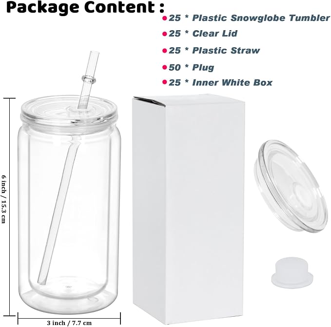 16 Oz Acrylic Snowglobe Tumbler, 25 Pack Pre-Drilled Double Wall Plastic Clear Cup for Glitter Snow Globe Diy, Double Wall Plastic Snowglobe Cup with Clear Lid