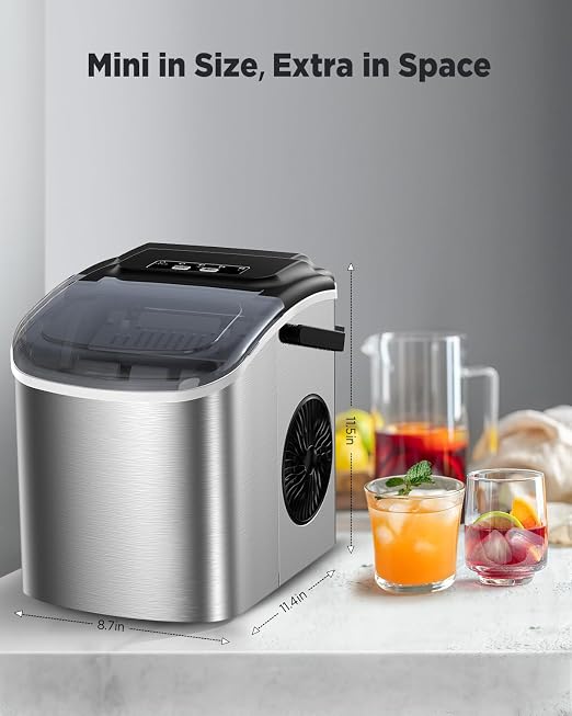 Ice Maker Countertop, Portable Ice Machine Ready in 6 Minutes with 9 Cubes 26LBS in 24H, Self-Cleaning with Ice Scoop and Basket, Two Sizes of Bullet Ice for Home Kitchen Office, Bar and Parties