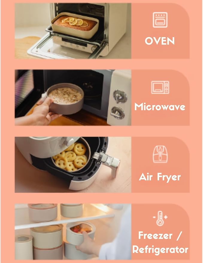 6 Set FIKA One Kitchen Ceramic Round Food Container Set with Glass Lid, Porcelain Prep, Mixing & Serving Bowls, Microwave, Oven & Dishwasher Safe Storage, Home Deco Canister (600ml / 0.63qt / 20oz)