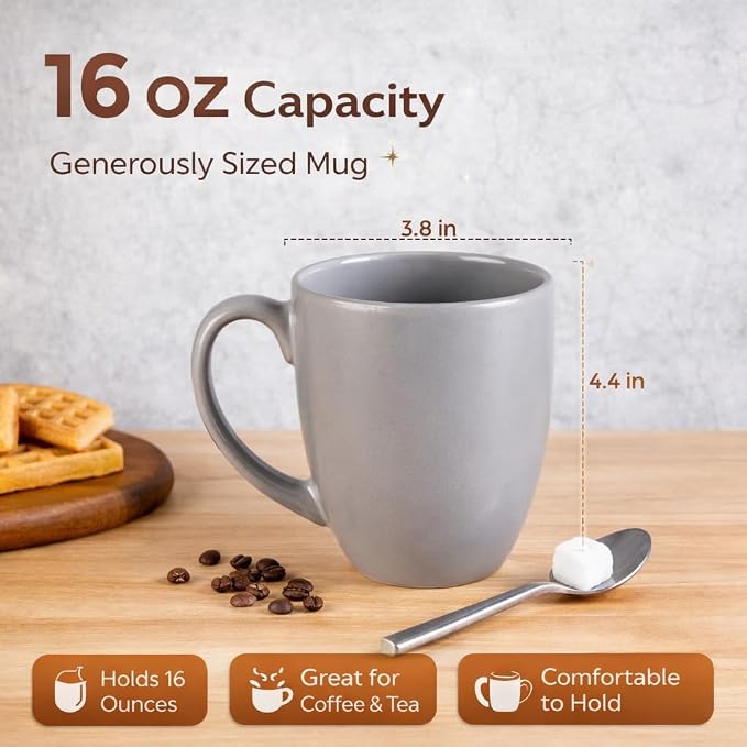 GBhome 16oz Coffee Mugs Set of 6, Large Ceramic Coffee Mugs for Man, Woman, Dad, Mom, Modern Coffee Mugs Set with handle for Tea/Latte/Cappuccino/Milk/Cocoa. Dishwasher&Microwave Safe,Matte Grey