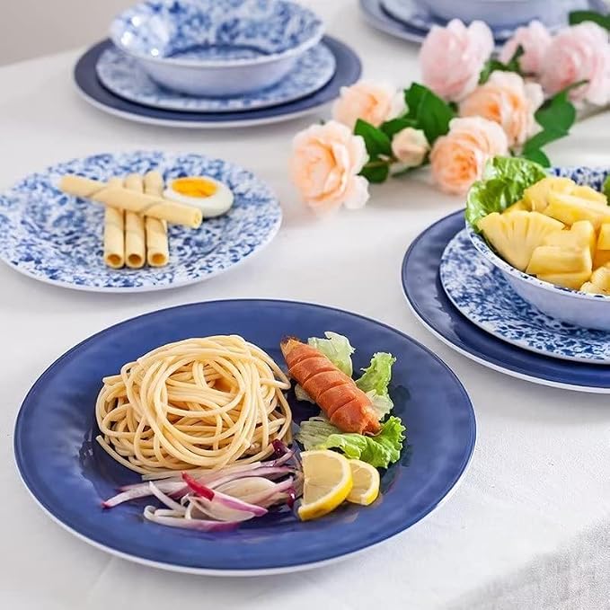 Melamine Dinnerware Set, 12 Piece Service for 4, Blue and White Porcelain Tableware Dishes for Indoor and Outdoor Use, Unbreakable Plates and Bowls Sets, Dishwasher Safe BPA Free