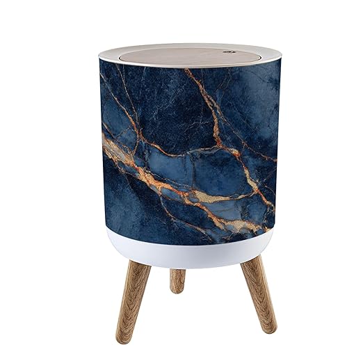 Trash Can with Lid Blue marble texture Italian marble slab golden veins Closeup surface Press Top Round Small Garbage Bin with Wooden Legs Waste Basket for Kitchen Bedroom Nursery 7L/1.8 Gallon