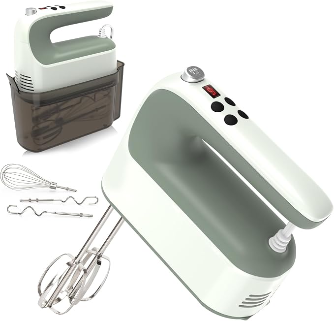 Yomelo 9-Speed Digital Hand Mixer Electric, 400W Powerful DC Motor, Hand Mixer Electric Handheld with Snap-On Storage Case, 5 Stainless Steel Accessories, Beaters, Dough Hooks, Whisk(Light Green)