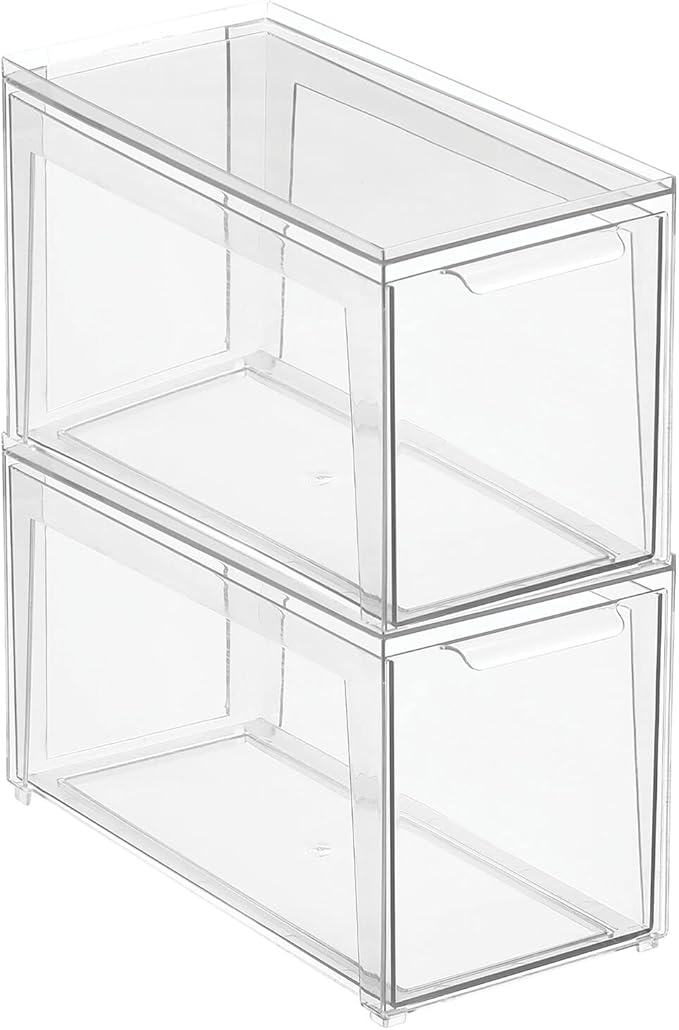 mDesign Plastic Stackable Bathroom Storage Organizer Bin Containers with Front Pull Drawer for Bathroom Countertop, Vanity, Closet Shelves - Holder for Accessories - Lumiere Collection, 2 Pack, Clear