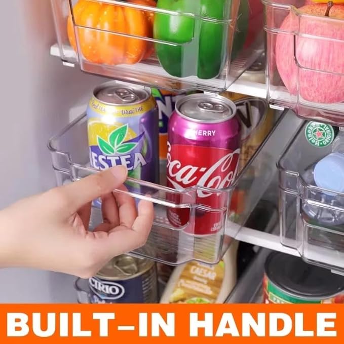 6-Piece Clear Plastic Storage Bin Set with Handles - Large (14.5"x7"x3.5") & Medium (12.4"x6.2"x3.5") Stackable Organizers, BPA-Free for Kitchen Pantry Fridge