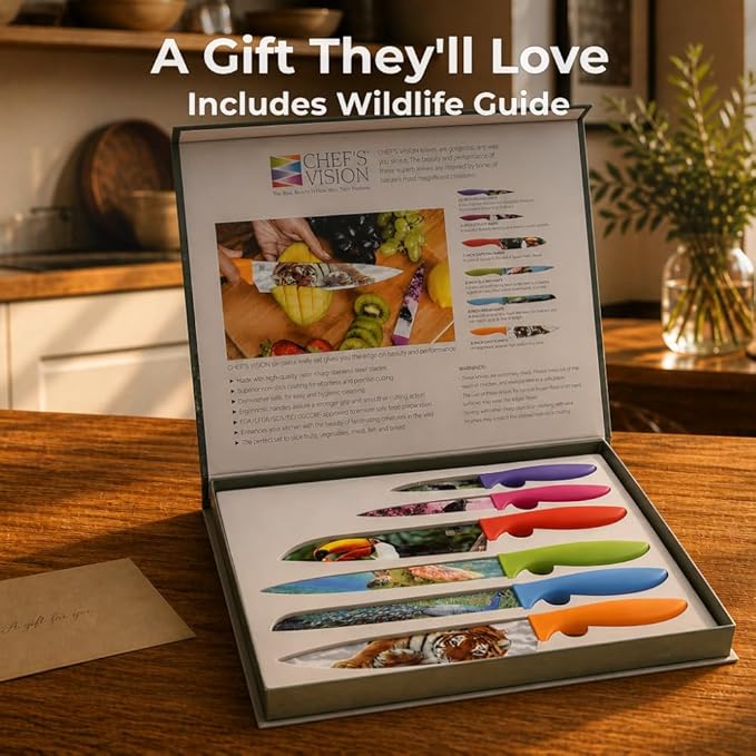 CHEF'S VISION Wildlife Knife Set-6-Piece Stainless Steel Cutting Knives Set for Kitchen with Stunning Animal Designs - Great Gift for Women or Men - Unique Kitchen Knife Set Gift for Nature Lovers